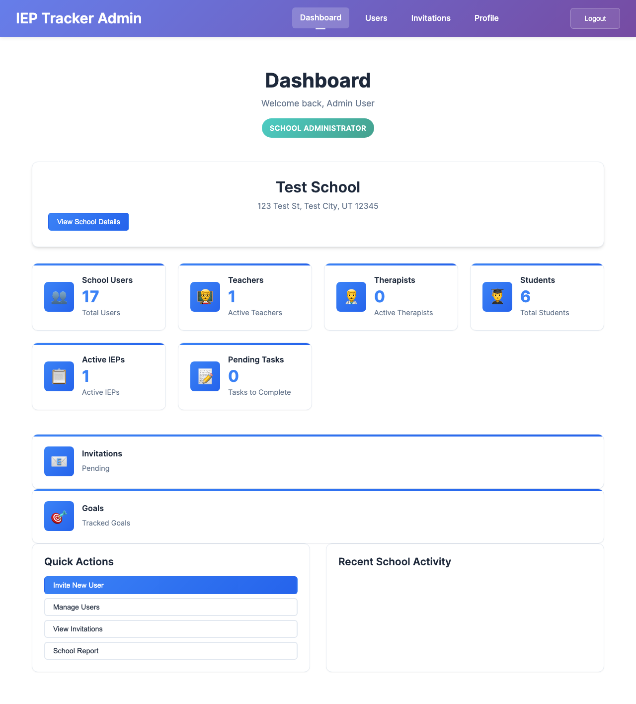 IEP Tracker school administrator desktop dashboard