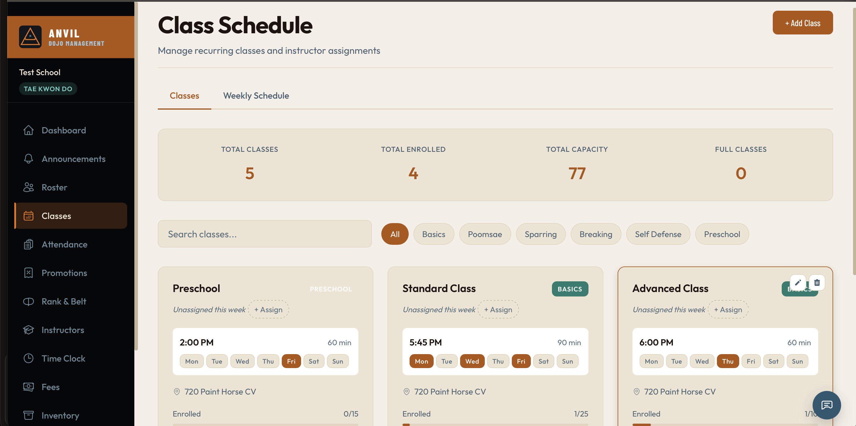 Anvil Dojo class schedule, desktop view