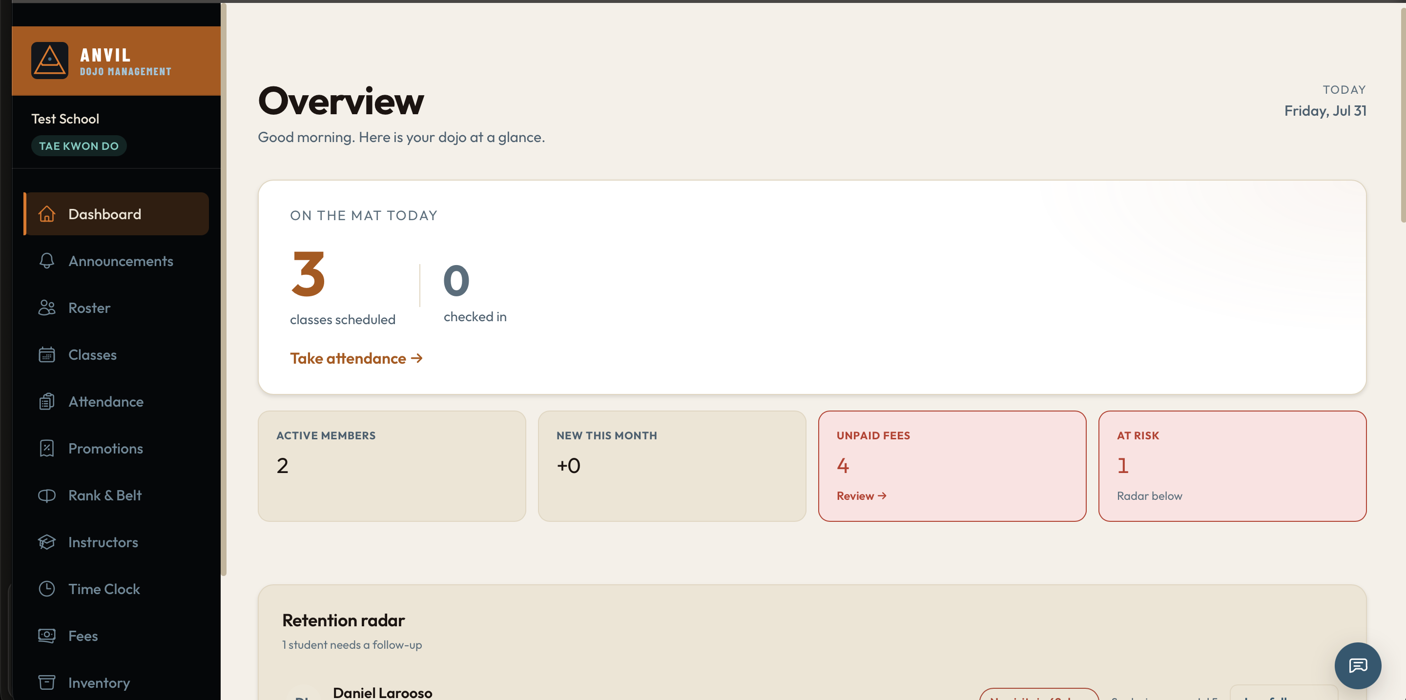 Anvil Dojo dashboard overview